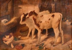After Edgar Hunt, calves and chickens in a barn, print on canvas, 10
