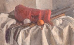 GEORGE WEISSBORT (1928 - 2013)TWO STILL LIFES, tomatoes, mug and golf club and balls, board, 8.