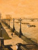 M. A. Bramah, 20th Century, figures walking along the Thames, oil on board, signed, 14