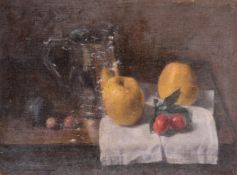 GEORGE WEISSBORT (1928 - 2013)STILL LIFE, a jug, apples and cherries, board, 9.5ins x 14ins (23cm
