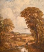 D. Holmes, English School, late 19th Century, a figure approaching a harvest in the Vale of