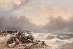 19th Century English School.A pair of oil on canvas scenes of figures by beached boats, 15