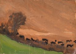 Alexander Dunluce (1935-2021), 'Cows on the Plough, Odiham', oil on canvas laid down, 3.25