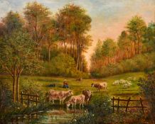 19TH CENTURY ENGLISH SCHOOLCATTLE AT A POND, sheep in the meadow. 18ins x 22ins unframed.