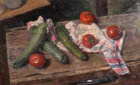 GEORGE WEISSBORT (1928 - 2013) TWO STILL LIFES tomatoes, conkers, apple, pear and stein, board. 8.