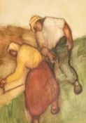 Josef Neukirch (1896-1953), figures working in a field, mixed media mostly watercolour, 13