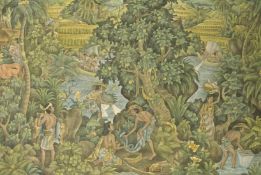20th Century Indonesian School, A forest scene with figures, animals and an apple tree, canvas
