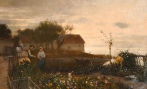 KARL BENNEWITZ VON LOFEN ( 1856- 1934)A MAN AND WOMAN in a garden with flowers, horse drawn cart and