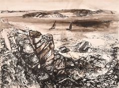 Manner of Kyffin Williams, shipping in a rocky estuary, ink, 21