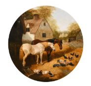 John Frederick Herring Jnr (1815-1907), horses with pigs, ducks and chickens in a farmyard, oil on