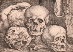 Barthel Beham (1502-1540), a sleeping child with three skulls, engraving, 1.5