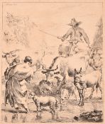 Nicolaes Berchem (1620-1683), two engravings of peasants with livestock, engraving, plate size