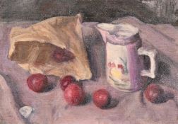 GEORGE WEISSBORT (1928 - 2013)TWO STILL LIFES, apples, mug, plum and jug, board. 9.5ins x 13.5ins (