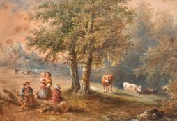 Attributed to Henry Earp, figures and cattle resting in the shade of a tree by a river, watercolour,