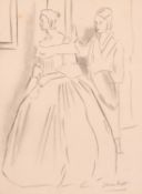 Circle of Laura Knight, and elegant lady and her maid, charcoal, bears signature, 9.75
