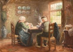 H. VAN STRAATEN (Born 1908).COTTAGE INTERIOR and an old couple at a dining table.Signed. 6.5ins x