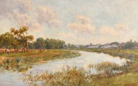 John C. Staples, Circa 1883, cattle watering in a meadow with a church beyond, 12.75