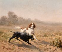 Jean Victor Albert de Gesne (1834-1903) French.Two dogs on the scent in a landscape, oil on canvas.