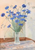 W. Parkinson-Curtis, blue and white flowers in a glass vase, watercolour, signed, 14.5