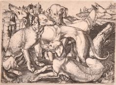 After Albrecht Durer, a group of five hunting dogs, engraving, 3.25