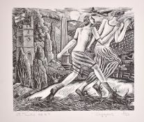 George William Tute (b. 1933), 'Joggers', woodcut, signed in pencil, image size 5