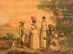 18TH - 19TH CENTURY COLONIAL SCHOOL. A PAIR OF COLOUR PRINTS, figures by the sea and the cloth