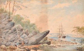 P. R. Pearse figures on a shore with shipping in a harbour beyond (possibly Sydney), watercolour, 9
