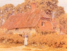 AFTER HELEN ALLINGHAM ( 1848 - 1926) BRITISH.A PAIR OF OLEOGRAPHS TYPE PICTURES OF COTTAGES in