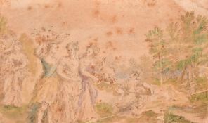 Continental School, probably 17th Century, ladies gathering produce in a landscape, watercolour,