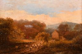 19TH CENTURY ENGLISH SCHOOLSheep on a roadway with cottage.Signed, panel.5ins x 7.5ins ( 12cm x