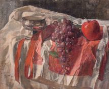 GEORGE WEISSBORT (1928 - 2013)STILL LIFE tomatoes, grapes and a bowl on a cloth.Canvas on board,