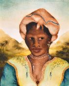 A miniature watercolour or tempera on thick wooden panel of a Caribbean lady, 5