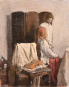 GEORGE WEISSBORT (1928 - 2013)A man and a woman and a violin on a chair, board. 13.5ins x 10.5ins (