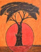 Ezequiel Mabote (b. 1979), sun setting behind an acacia tree, pastel, signed, 21