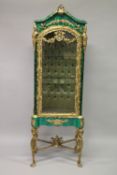 A SUPERB LOUIS XVITH DESIGN MALACHITE AND ORMOLU VITRINE with female masks and garlands and fitted