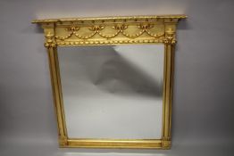 A GEORGIAN DESIGN GILTWOOD OVERMANTLE MIRROR with garlands and column supports. 120cms high x 120cms