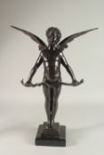 A BRONZE ANGEL WITH WINGS on a square marble base. 55cms high.