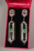 A SILVER AND GOLD ROCK CRYSTAL, EMERALD AND DIAMOND DECO EARRINGS.