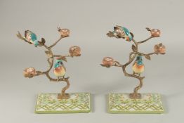 A PAIR OF GILDED METAL AND PORCELAIN CANDLESTICKS each with two birds. 27cms high.