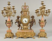 A VERY GOOD LARGE LOUIS XVI DESIGN BRONZE, ORMOLU AND MARBLE THREE-PIECE CLOCK GARNITURE, the