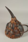 A CONGO LEGA BWAMI HAT with horn and shells. 25cms high x 17cms diameter.