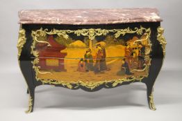 A LOUIS XVTH DESIGN BOMBE COMMODE with marble top and Chinese design, two deep drawers with gilt