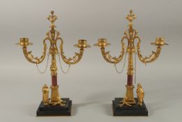 A SUPERB PAIR OF CLASSICAL GILT BRONZE AND MARBLE TWO-LIGHT CANDLESTICKS with curving branches on
