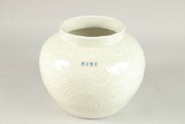 A CHINESE PALE CELADON JAR with fish and algae decoration. 19cms high.