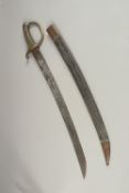 A FRENCH INFANTRY SIDEARM, CIRCA 1800, No. 687 with brass handle, the blade in a leather sheath.