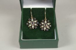 A PAIR OF 9CT GOLD OPAL AND SAPPHIRE CLUSTER EARRINGS.