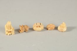 FIVE CARVED BONE NETSUKES.
