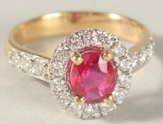 AN 18CT YELLOW GOLD, RUBY AND DIAMOND OVAL CLUSTER RING, natural unheated ruby.