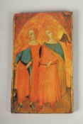 A RUSSIAN ICON, with arched top, Madonna & Child and saints. 27cms x 14cms.