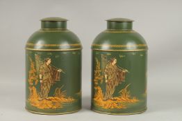 A PAIR OF CHINESE DESIGN GREEN TOLEWARE TEA CANISTERS.